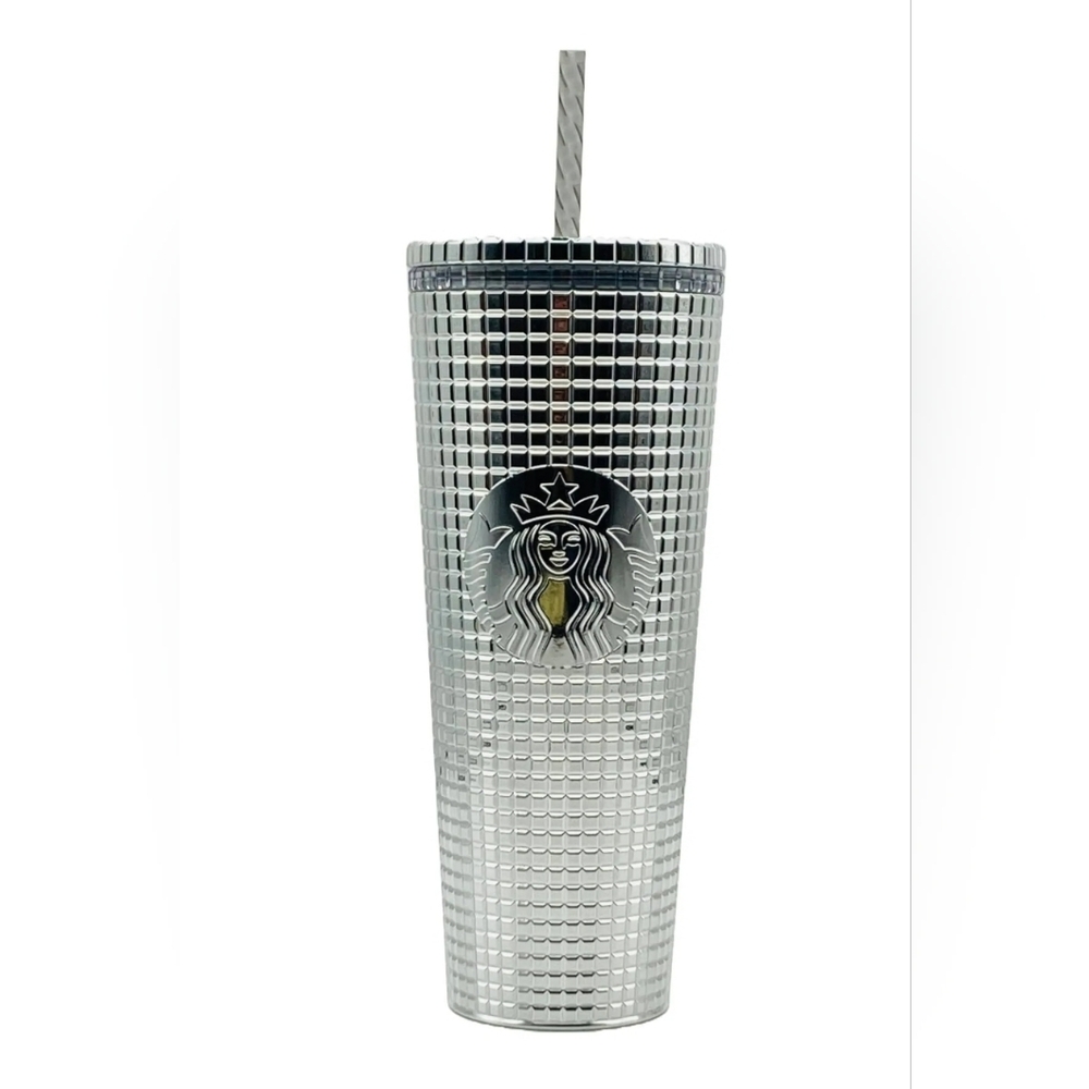 Starbucks Cup With Lid And Straw Silver Excellent Condition